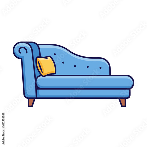 A stylized illustration of a blue chaise lounge with a yellow pillow.