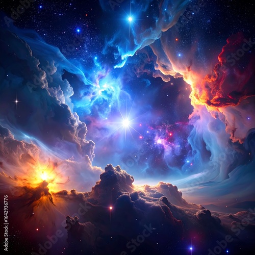A vibrant celestial landscape filled with glowing nebulae and distant stars.