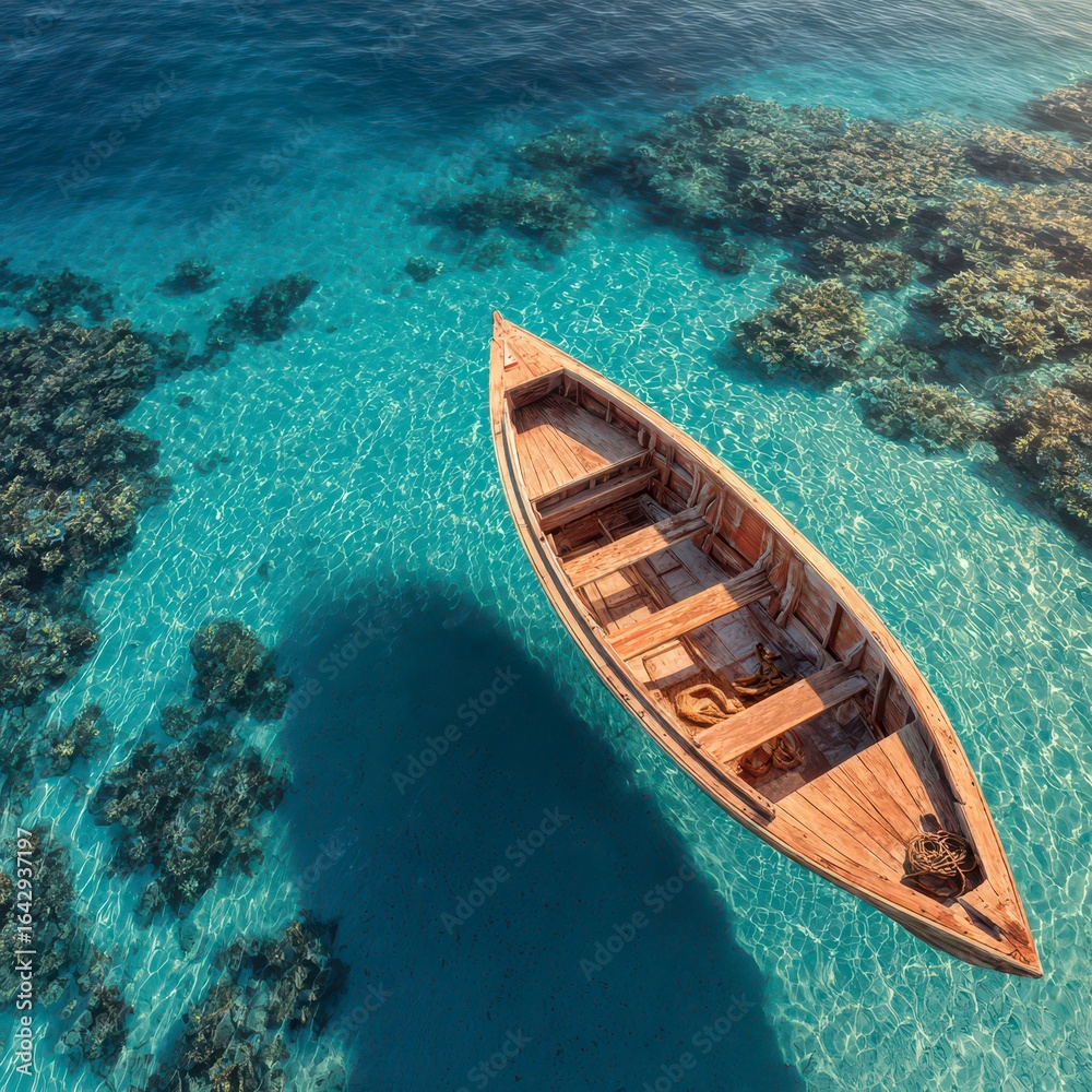 Obraz premium Wooden boat on vibrant coral reef