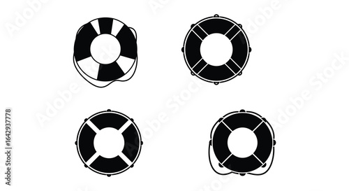 Black and white lifebuoy icons in different styles on white background