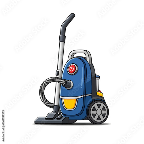 Cartoon illustration of a blue and yellow canister vacuum cleaner.
