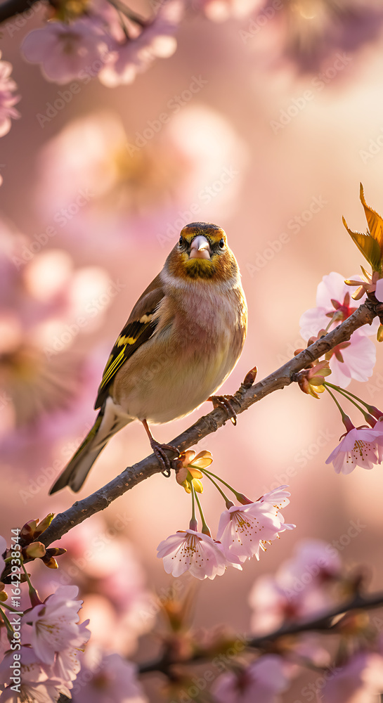 Naklejka premium A vibrant bird, perched on a blossoming cherry tree branch, is captured in a close-up shot against a soft, blurred background of pink flowers.