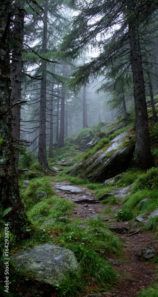Obraz premium Misty mountain path through lush forest (1)