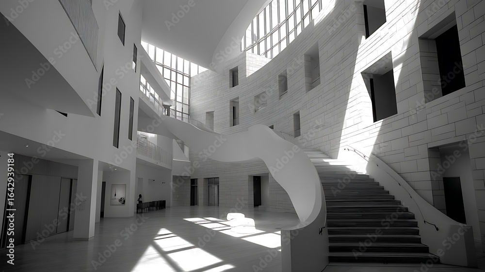 Obraz premium the image depicts a large, bright atrium in a building with strong architectural elements. light streams through the glass ceiling, casting patterns on the floor and walls
