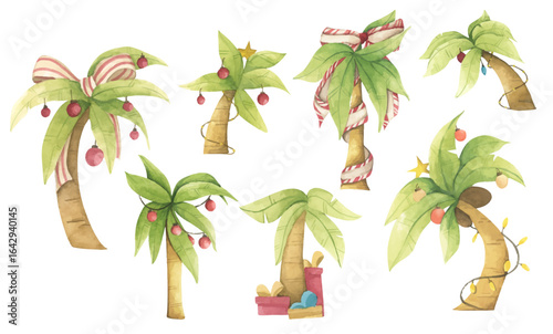 Cute Palm Tree With Christmas Ornaments. Beach Celebration. Watercolor Tropical Decor for Xmas, New Year, and Beach Party