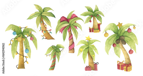 Cute Palm Tree With Christmas Ornaments. Beach Celebration. Watercolor Tropical Decor for Xmas, New Year, and Beach Party