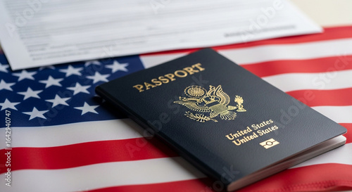 A United States passport rests on an American flag symbolizing the privilege of international travel citizenship and national identity for US citizens abroad