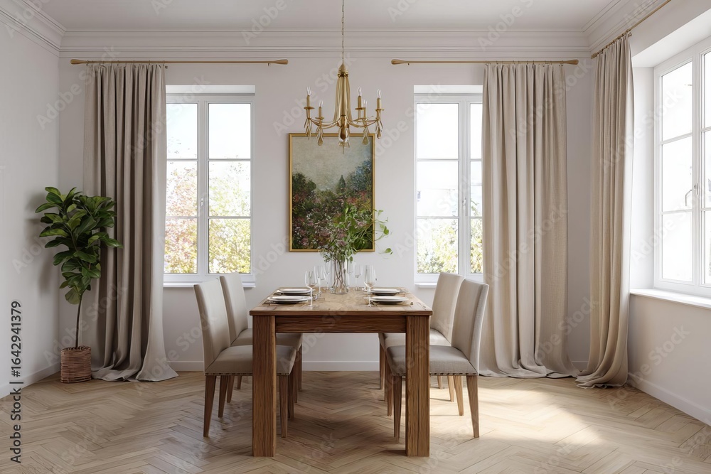 Fototapeta premium A cozy dining room with a wooden table set for a meal surrounded by elegant curtains and a lovely plant by the window