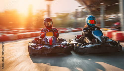 Boy and girl racing go-karts on outdoor track at sunset