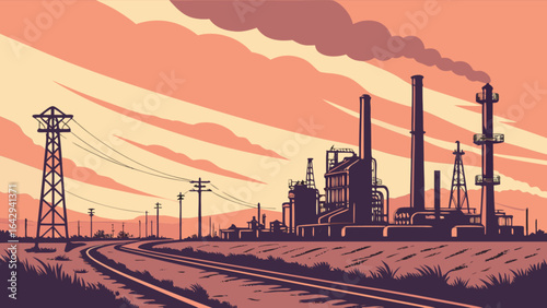 Industrial factory oil refinery plant with smoke stacks and power lines vector illustration design concept