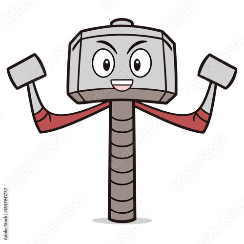 Cartoon mjolnir flexing its muscles with a happy expression