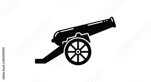 Black silhouette illustration of historical cannon on wheels against white background