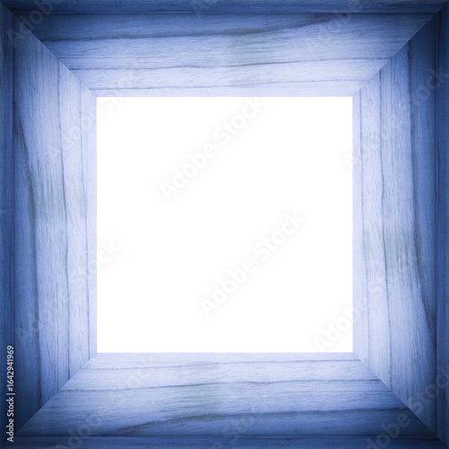 blank backdrop: blue color square wooden frame against white background