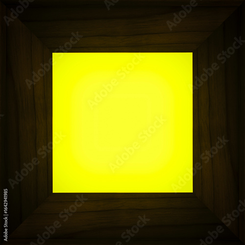 blank square backdrop: dark brown wooden frame against bright yellow background