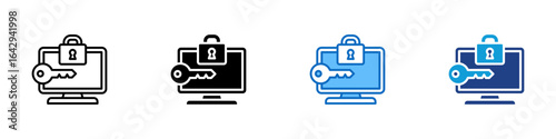 Secure Access Multi Style Vector Icon Design - Computer screen with padlock and key, symbolizing login security, access permission, or encryption