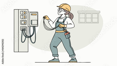 Electrical engineer woman working on electrical panel wiring and circuits maintenance and repair service