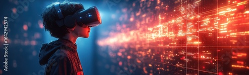 Wallpaper Mural Young boy wearing headphones looking at a wall of data Torontodigital.ca