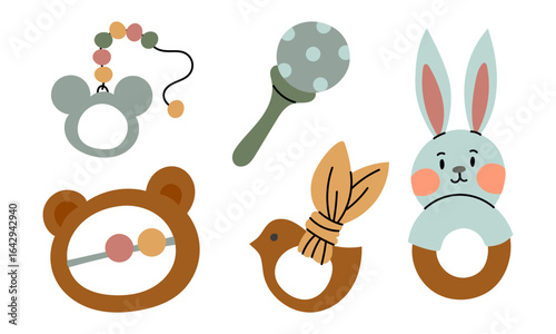 collection of toys for newborns. rattle and wooden gnawing toys in various shapes. flat, isolated color illustration with doodle elements. Wooden elements in shape of maracas, hare, mouse, bear, bird