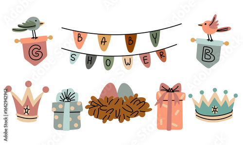 Set of items for children's gender party. nest with eggs, flags on string, gifts, crowns, decorative banners with birds. flat color illustration with doodle lines. Isolated items for boys and girls