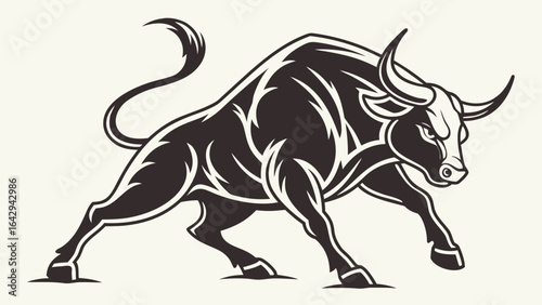 Illustration of a stylized black bull with white accents in a charging pose against a light background silhouette