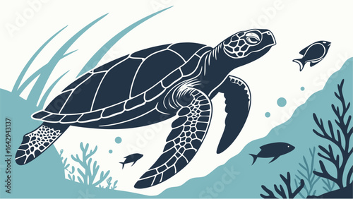 Illustration of a sea turtle swimming underwater with fish and aquatic plants in a marine setting silhouette