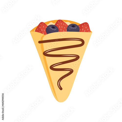 Strawberry and blueberry crepe. Thin pancake. Breakfast food. Crepe butter. Crepe and cream.