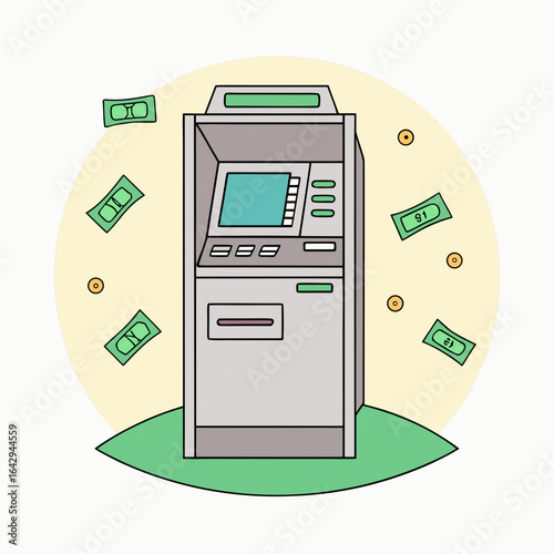 Atm machine dispensing cash and coins with money flying around
