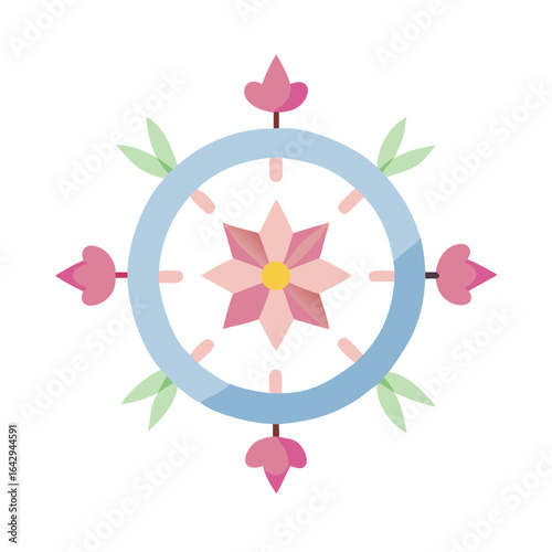 A delicate compass where the arrow tips are replaced by floral petals, glowing at the center. Represents exploration, nature, and beauty.
