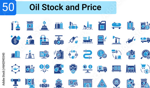 Set of icon elements related to the oil industry, from exploration, production, processing, transportation, storage, to financial and pricing aspects.