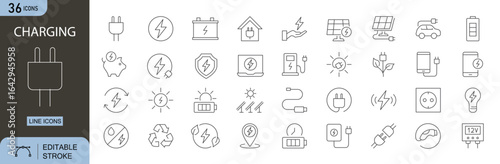 Charging icons set. Includes icons for battery, electric plug, charging station, USB cable, wireless charger, and power bank. Editable stroke. Line icons. Perfect for technology and  electronics.