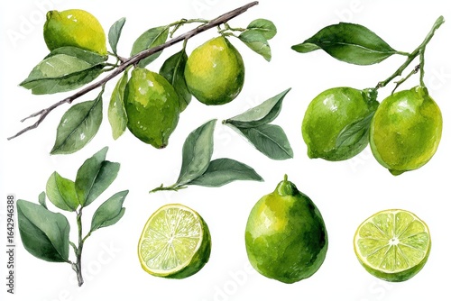 Wallpaper Mural Lime Clipart. Realistic Watercolor Lime Fruit Tree Branch Leaves Collection Torontodigital.ca