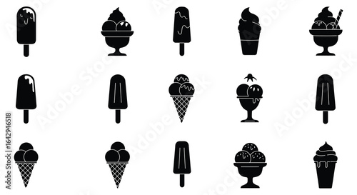 Black Silhouette Icons of Various Ice Cream Treats on White Background
