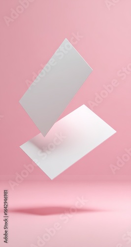 Two blank white business cards levitate against a pink backdrop