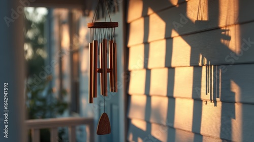 A wind chime on a porch beginning to tinkle softly as dusk sets in