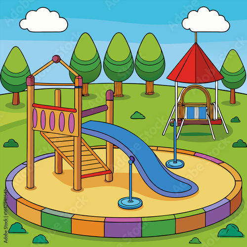 Colorful playground kids play area with swing