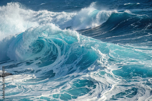 Abstract blue ocean waves crashing with white foam and splashes background. H2O expressive, artistic, pattern texture wallpaper backdrop