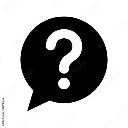 Black and white question mark in a speech bubble suggesting uncertainty and inquiry for help finding answers and exploring ideas