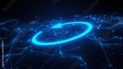 Circular arrow graph in blue neon orbit, Abstract background with glowing circles.