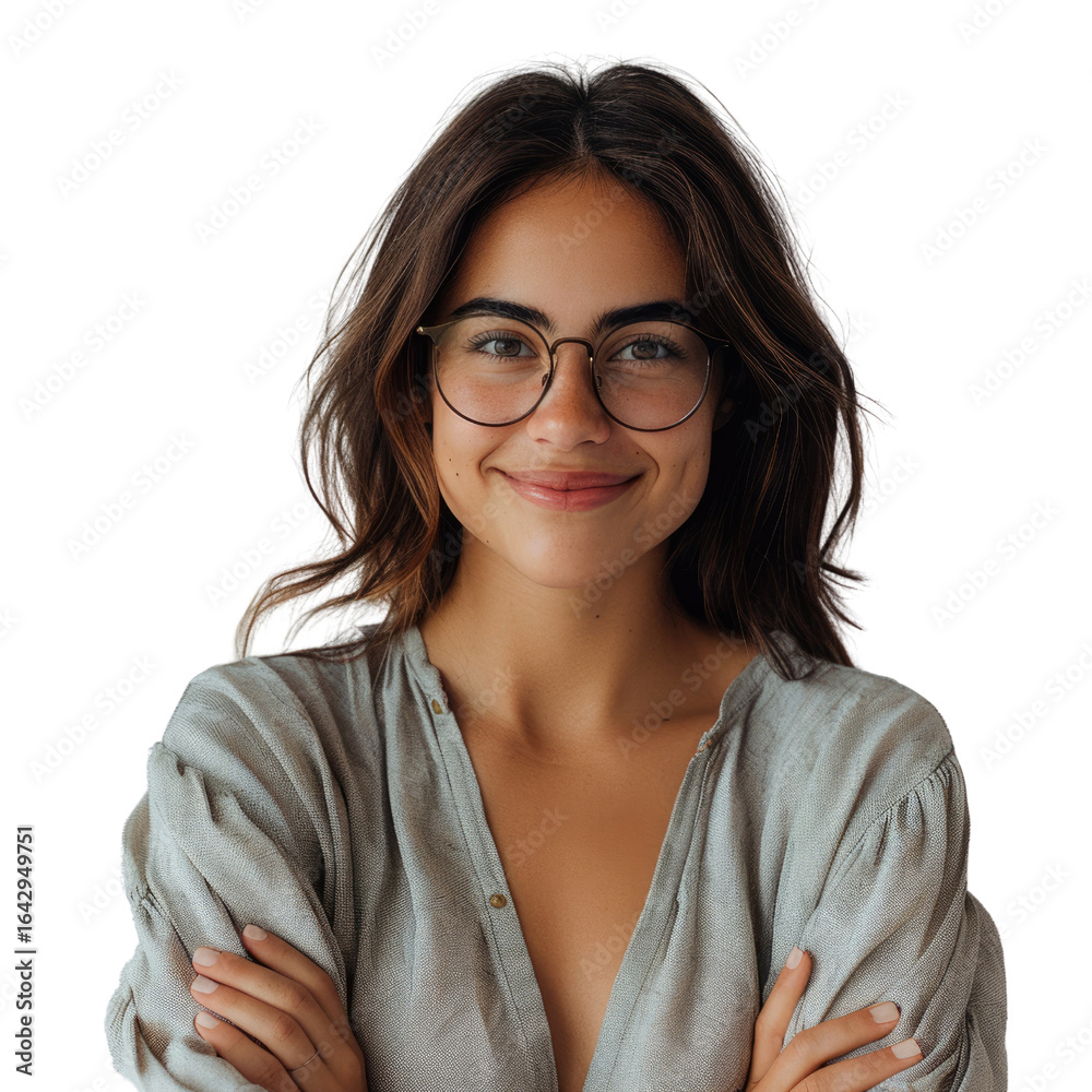 Obraz premium Portrait of a smiling young woman wearing glasses and a light gray shirt with arms crossed. background removed