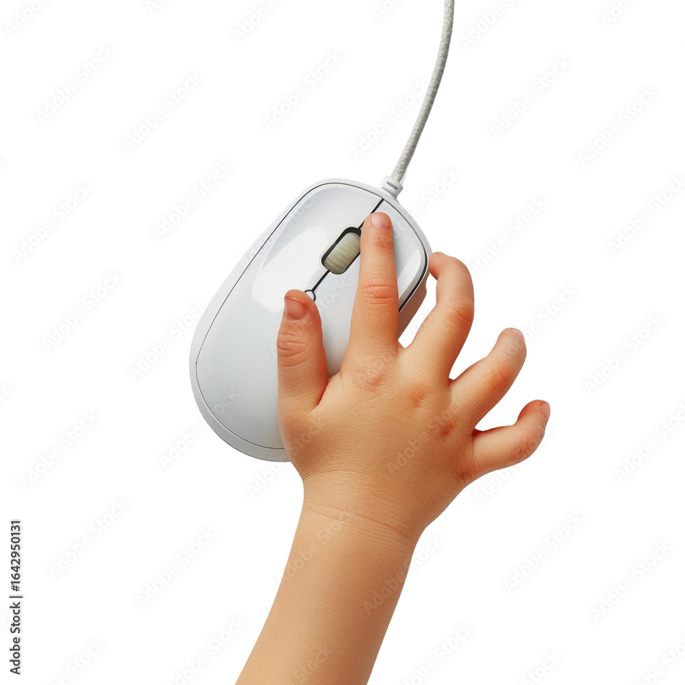 A small child's hand gently grasps a white computer mouse. background removed A small child's hand gently grasps a white computer mouse. background removed