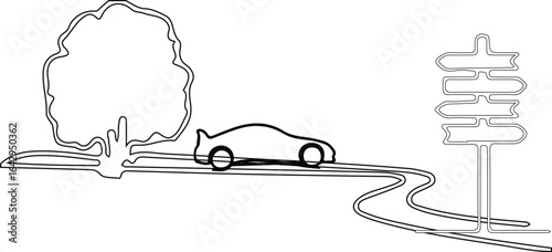 Tree Car And Road Vecter illustration Silhoute design