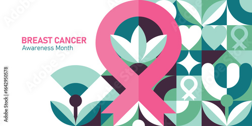 Modern geometric background for Breast Cancer Awareness Month, featuring an abstract Bauhaus inspired pattern with a pink ribbon symbol