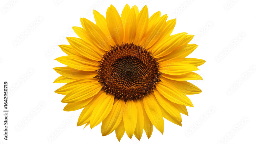 Fototapeta premium Vibrant Sunflower Blossom with Dark Brown Center isolated on White Background