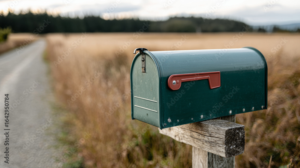 Green mailbox on wooden post by a rural road in a field. Green mailbox on wooden post by a rural road in a field.
