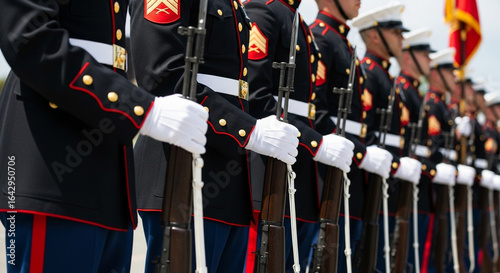 A line of United States Marines stands at attention in their pristine dress blue uniforms a powerful image of discipline tradition and honor in the military