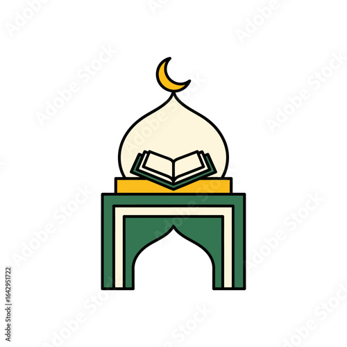 A peaceful worship icon. Fusing a prayer mat, dome, and book, it symbolizes sacred spaces, holy texts, and spiritual reflection.