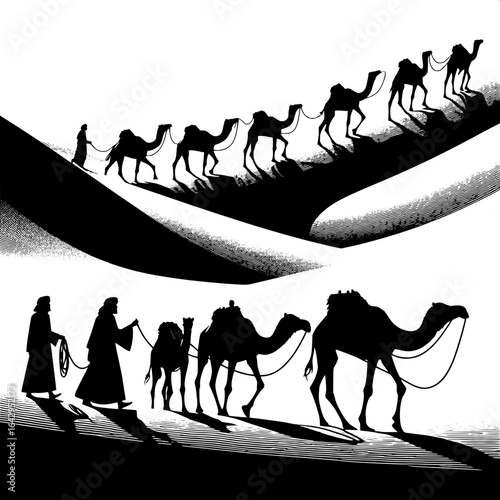 Camel Caravan in Desert