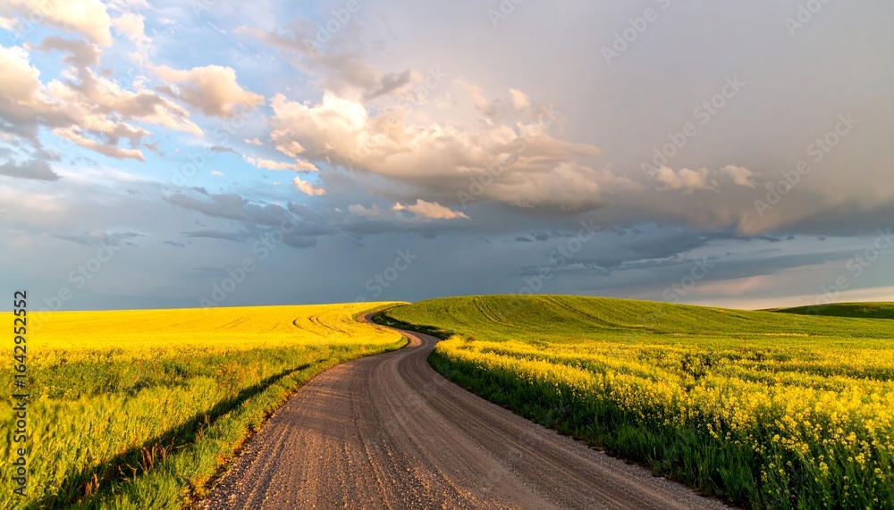 Obraz premium A winding gravel road curves through a vibrant yellow canola field under a dramatic stormy sky, leading through the rolling green hills of the countryside.