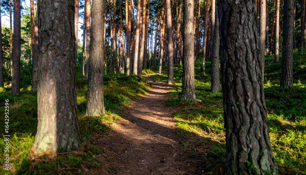 Obraz premium Sunlight filters through tall pine trees, illuminating a peaceful dirt footpath that meanders through a lush, green temperate forest.