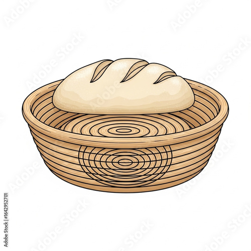 A loaf of bread rests in a decorative, woven bread basket.